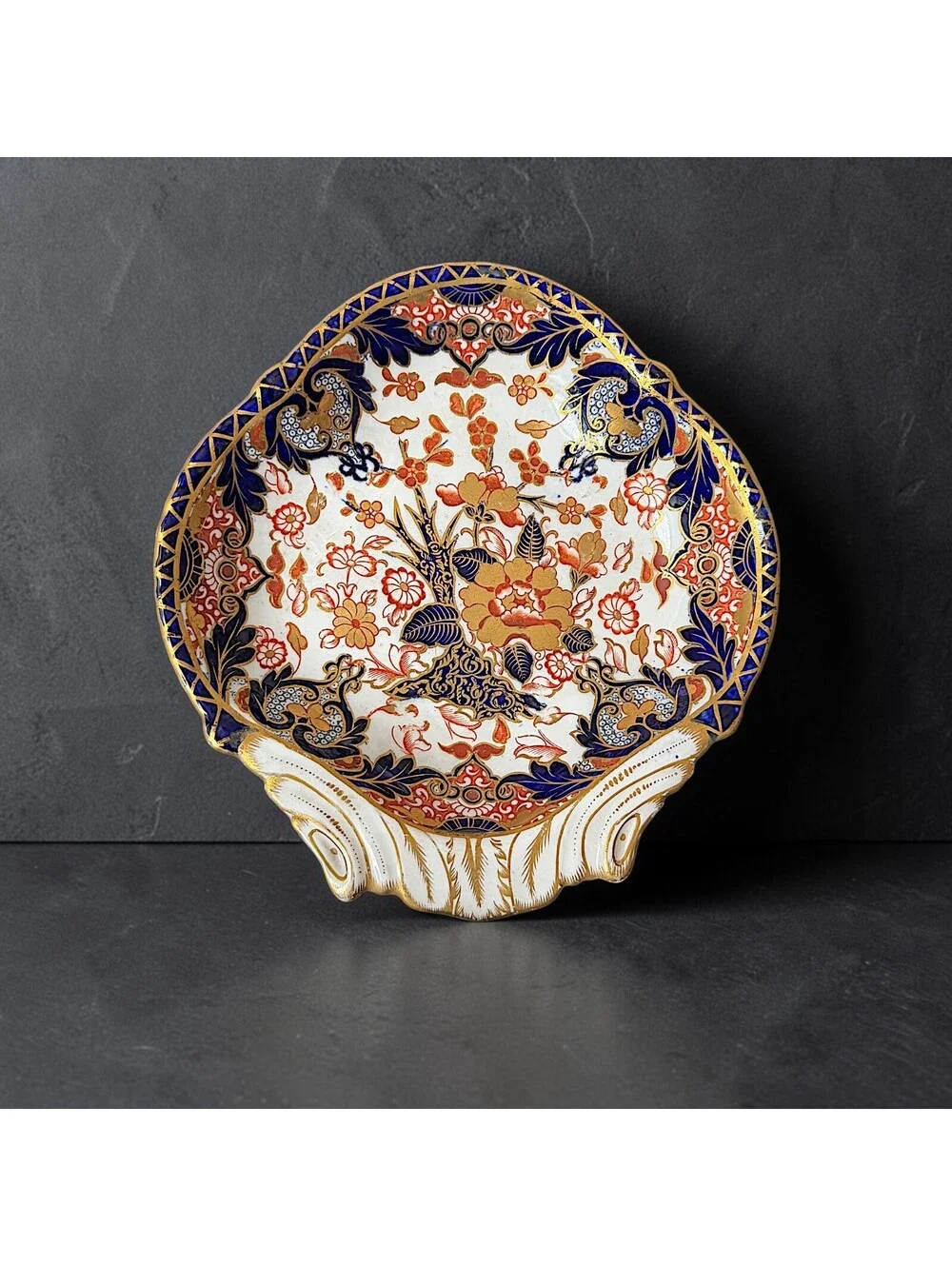 Antique Royal Crown Derby Imari Shell Dish Cobalt Red Gold Porcelain 10